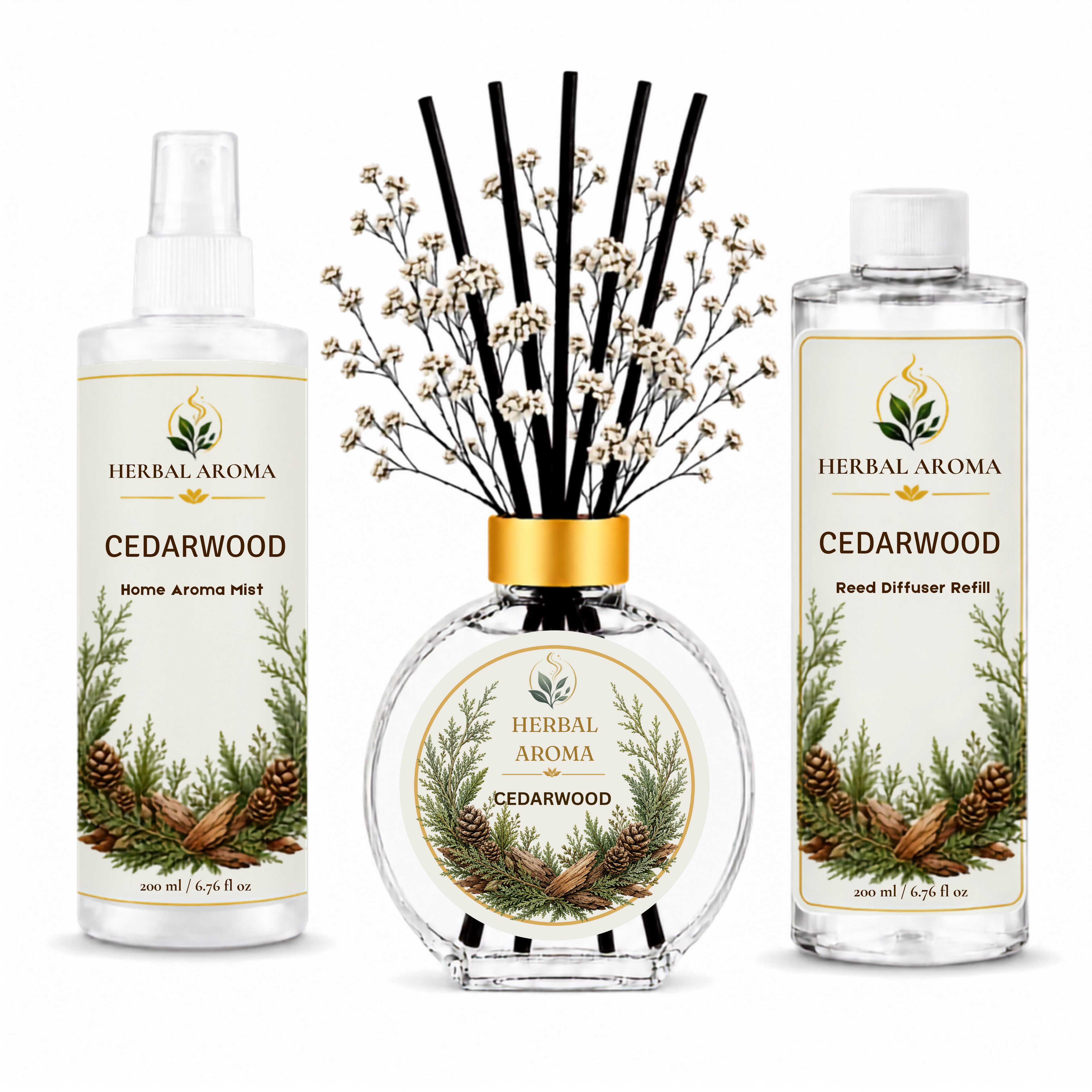 Herbal Aroma Cedarwood Home Fragrance Set, 3-Piece Reed Diffuser with 200 mL Refill and 200 mL Room Spray, 100 mL Diffuser