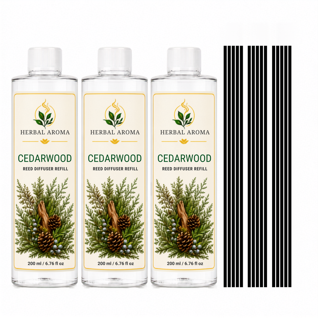 Herbal Aroma Cedarwood Reed Diffuser Refill Set, 3 Pack, 200 mL Each, 600 mL Total, Includes Black Reeds, Home Fragrance Refill