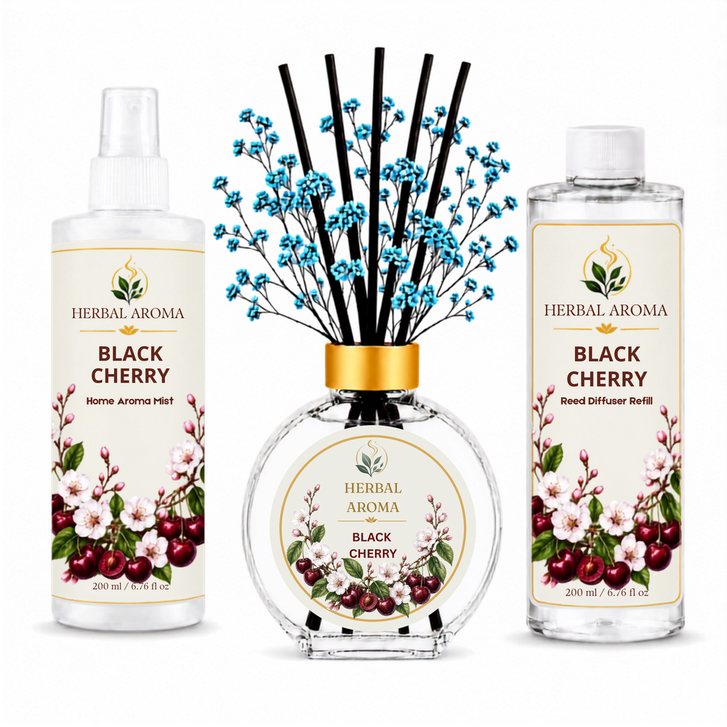 Herbal Aroma Black Cherry Home Fragrance Set, 3-Piece Reed Diffuser with 200 mL Refill and 200 mL Room Spray, 100 mL Diffuser