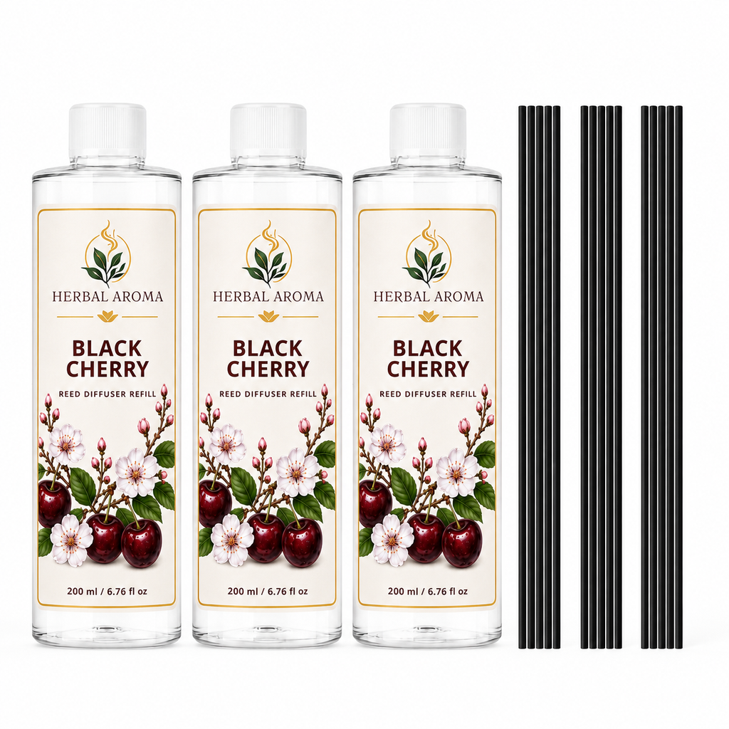 Herbal Aroma Black Cherry Reed Diffuser Refill Set, 3 Pack, 200 mL Each, 600 mL Total, Includes Black Reeds, Home Fragrance Refill