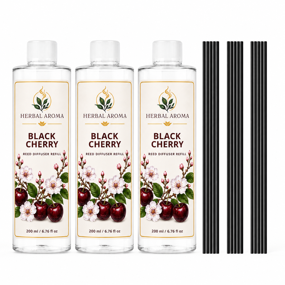 Herbal Aroma Black Cherry Reed Diffuser Refill Set, 3 Pack, 200 mL Each, 600 mL Total, Includes Black Reeds, Home Fragrance Refill