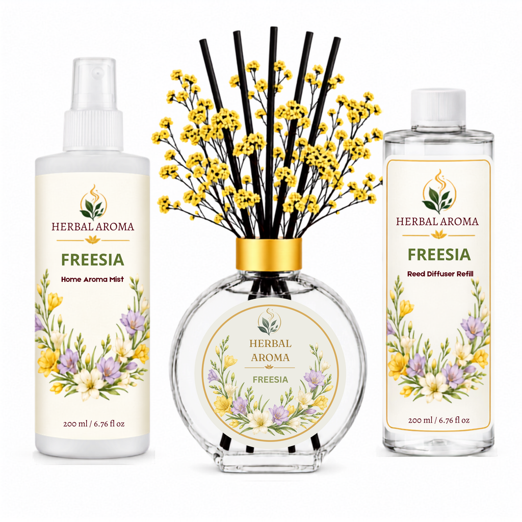 Herbal Aroma Freesia Home Fragrance Set, 3-Piece Reed Diffuser with 200 mL Refill and 200 mL Room Spray, 100 mL Diffuser