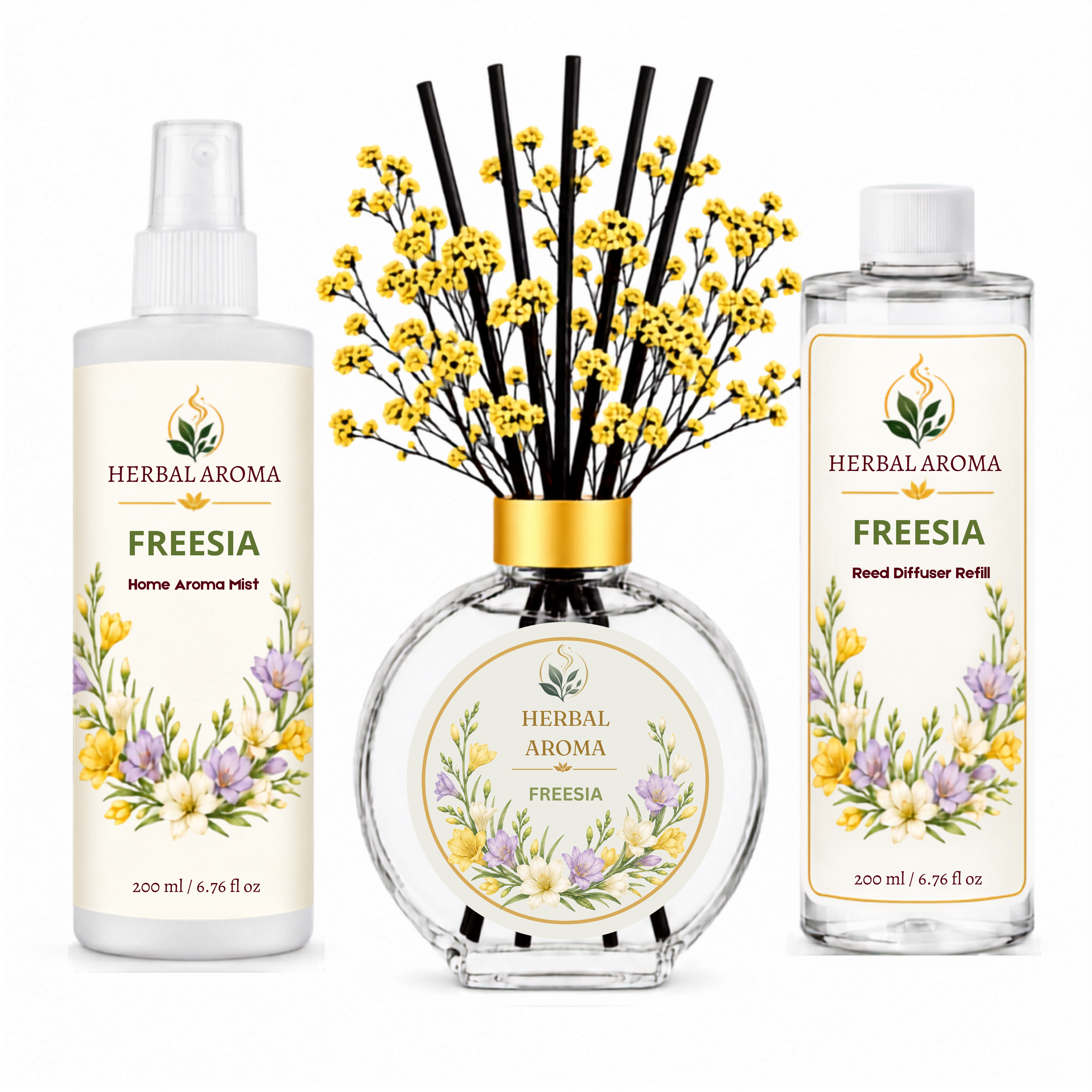 Herbal Aroma Freesia Home Fragrance Set, 3-Piece Reed Diffuser with 200 mL Refill and 200 mL Room Spray, 100 mL Diffuser