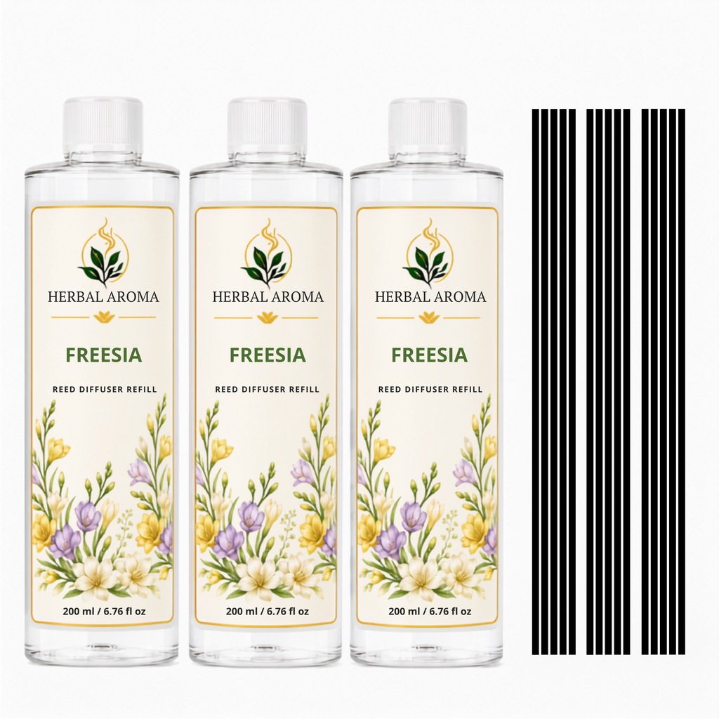 Herbal Aroma Freesia Reed Diffuser Refill Set, 3 Pack, 200 mL Each, 600 mL Total, Includes Black Reeds, Home Fragrance Refill