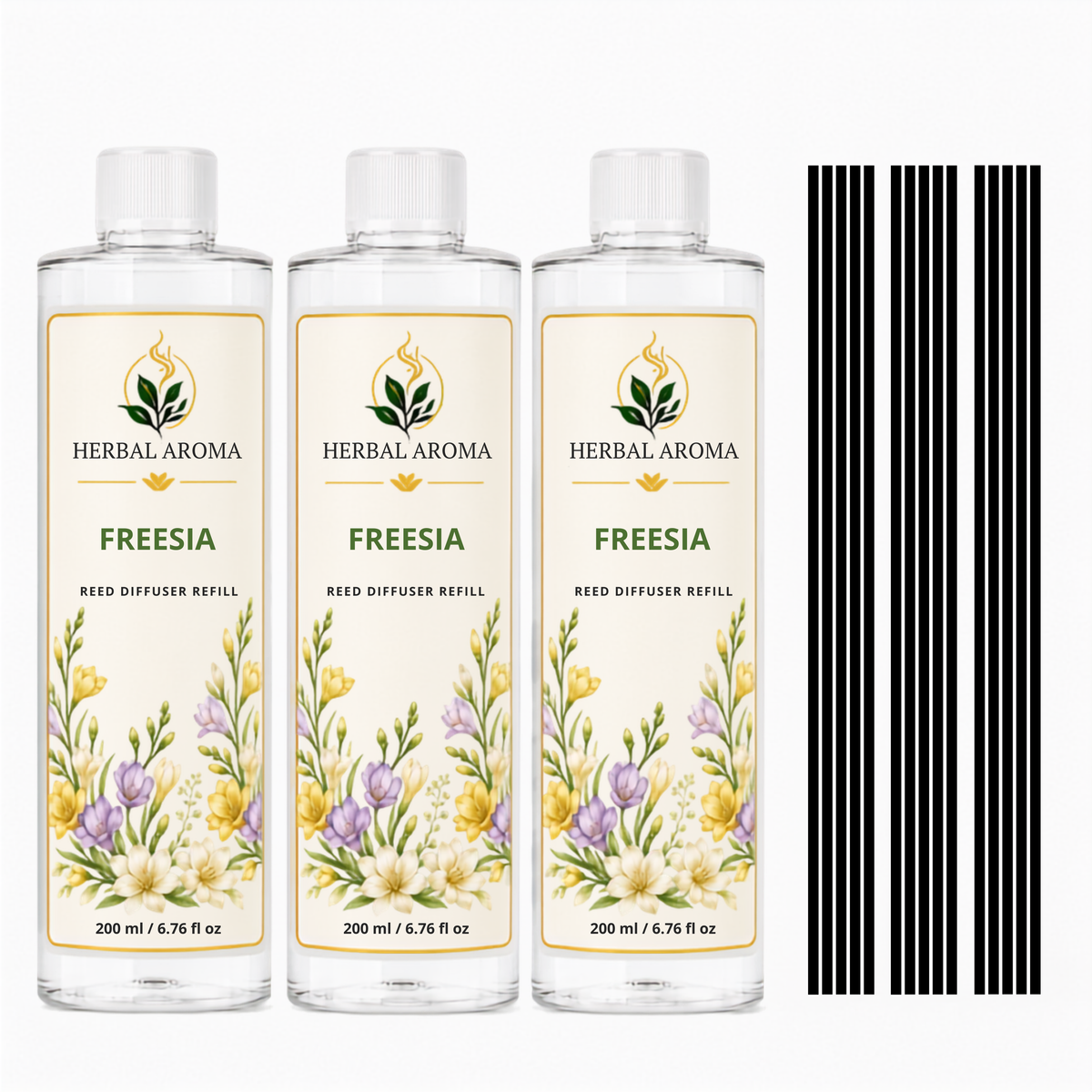 Herbal Aroma Freesia Reed Diffuser Refill Set, 3 Pack, 200 mL Each, 600 mL Total, Includes Black Reeds, Home Fragrance Refill