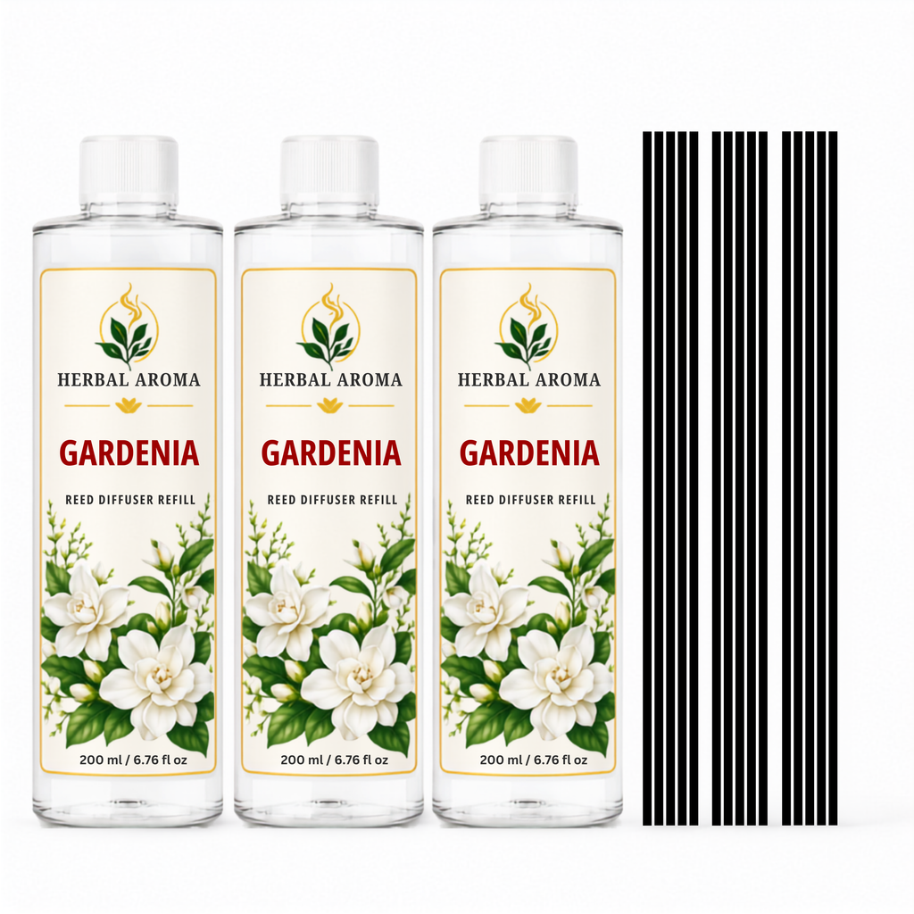 Herbal Aroma Gardenia Reed Diffuser Refill Set, 3 Pack, 200 mL Each, 600 mL Total, Includes Black Reeds, Home Fragrance Refill