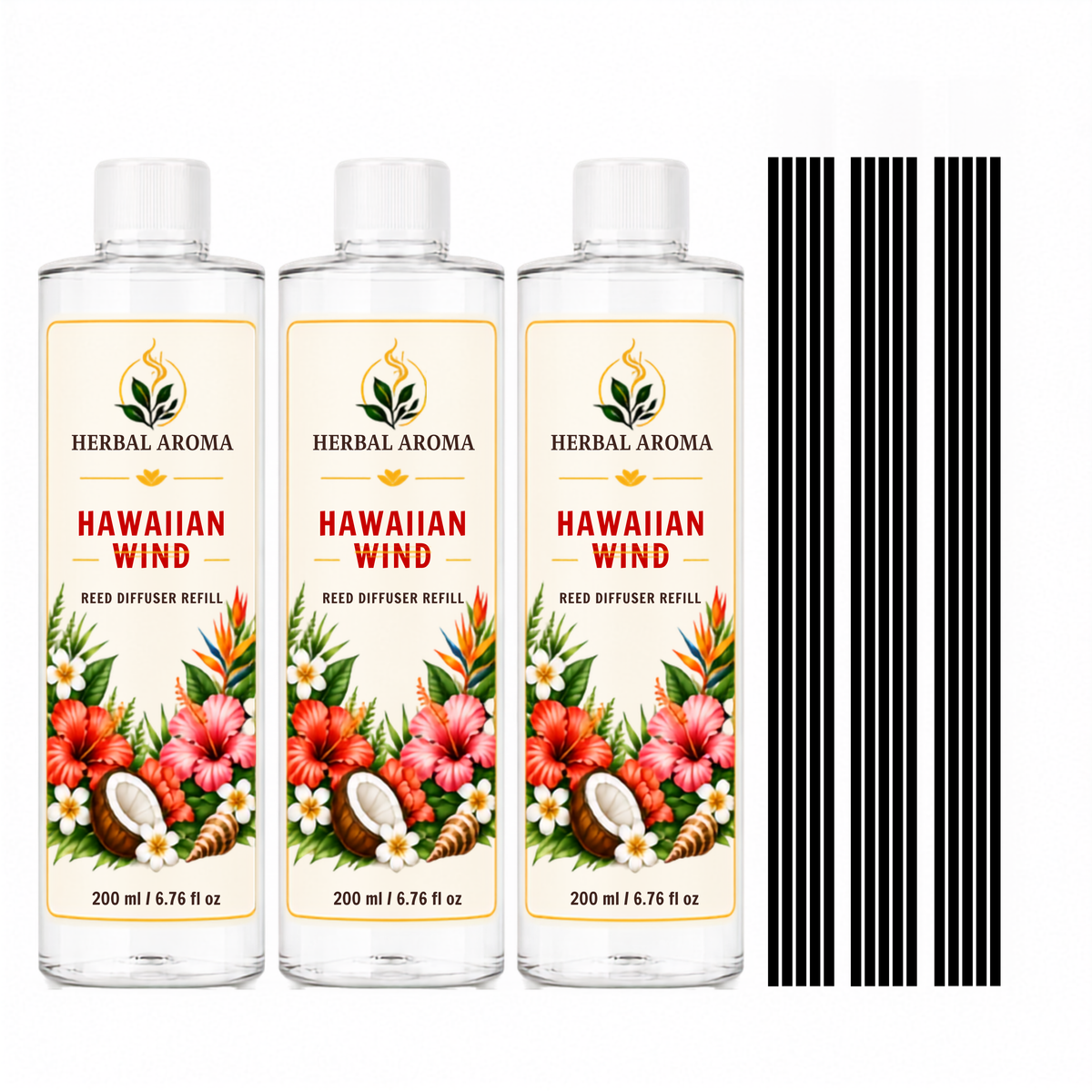 Herbal Aroma Hawaiian Wind Reed Diffuser Refill Set, 3 Pack, 200 mL Each, 600 mL Total, Includes Black Reeds, Home Fragrance Refill