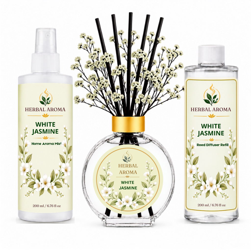 Herbal Aroma White Jasmine Home Fragrance Set, 3-Piece Reed Diffuser with 200 mL Refill and 200 mL Room Spray, 100 mL Diffuser