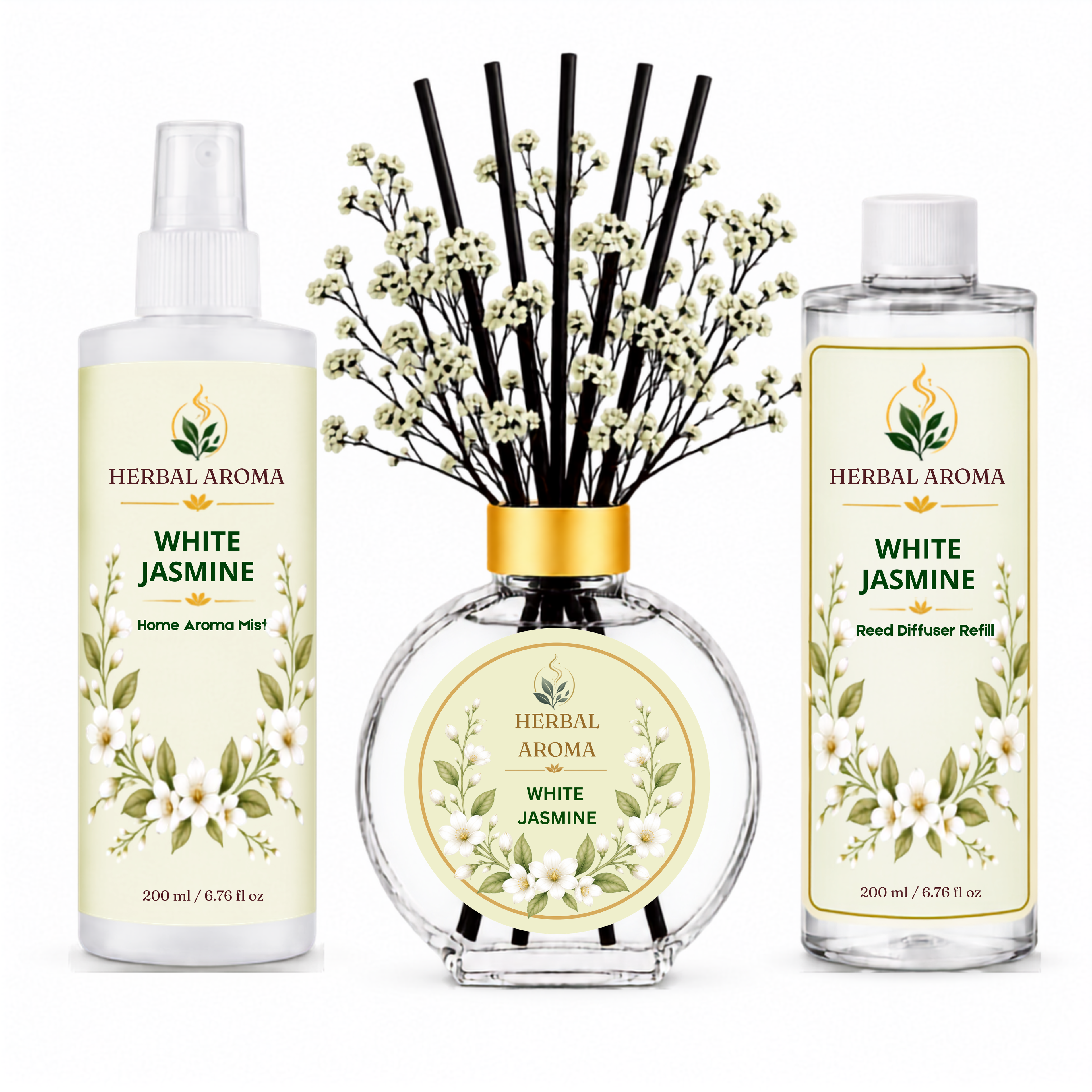 Herbal Aroma White Jasmine Home Fragrance Set, 3-Piece Reed Diffuser with 200 mL Refill and 200 mL Room Spray, 100 mL Diffuser