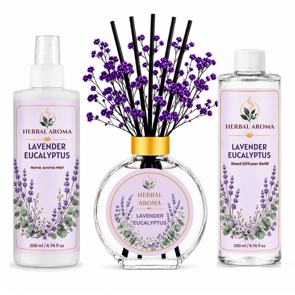 Herbal Aroma Lavender Eucalyptus Home Fragrance Set, 3-Piece Reed Diffuser with 200 mL Refill and 200 mL Room Spray, 100 mL Diffuser