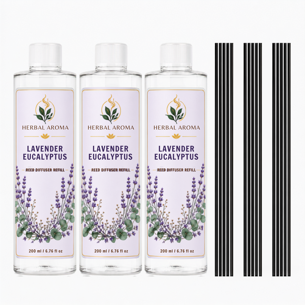 Herbal Aroma Lavender Eucalyptus Reed Diffuser Refill Set, 3 Pack, 200 mL Each, 600 mL Total, Includes Black Reeds, Home Fragrance Refill