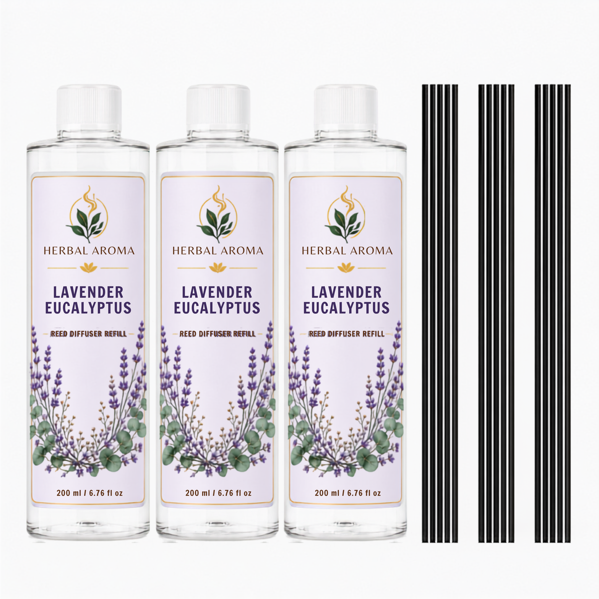 Herbal Aroma Lavender Eucalyptus Reed Diffuser Refill Set, 3 Pack, 200 mL Each, 600 mL Total, Includes Black Reeds, Home Fragrance Refill