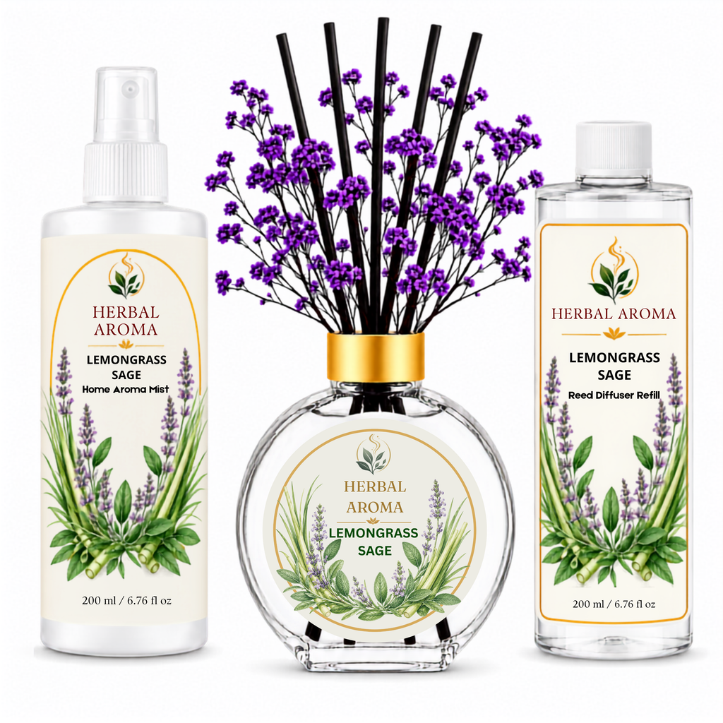Herbal Aroma Lemongrass & Sage Home Fragrance Set, 3-Piece Reed Diffuser with 200 mL Refill and 200 mL Room Spray, 100 mL Diffuser