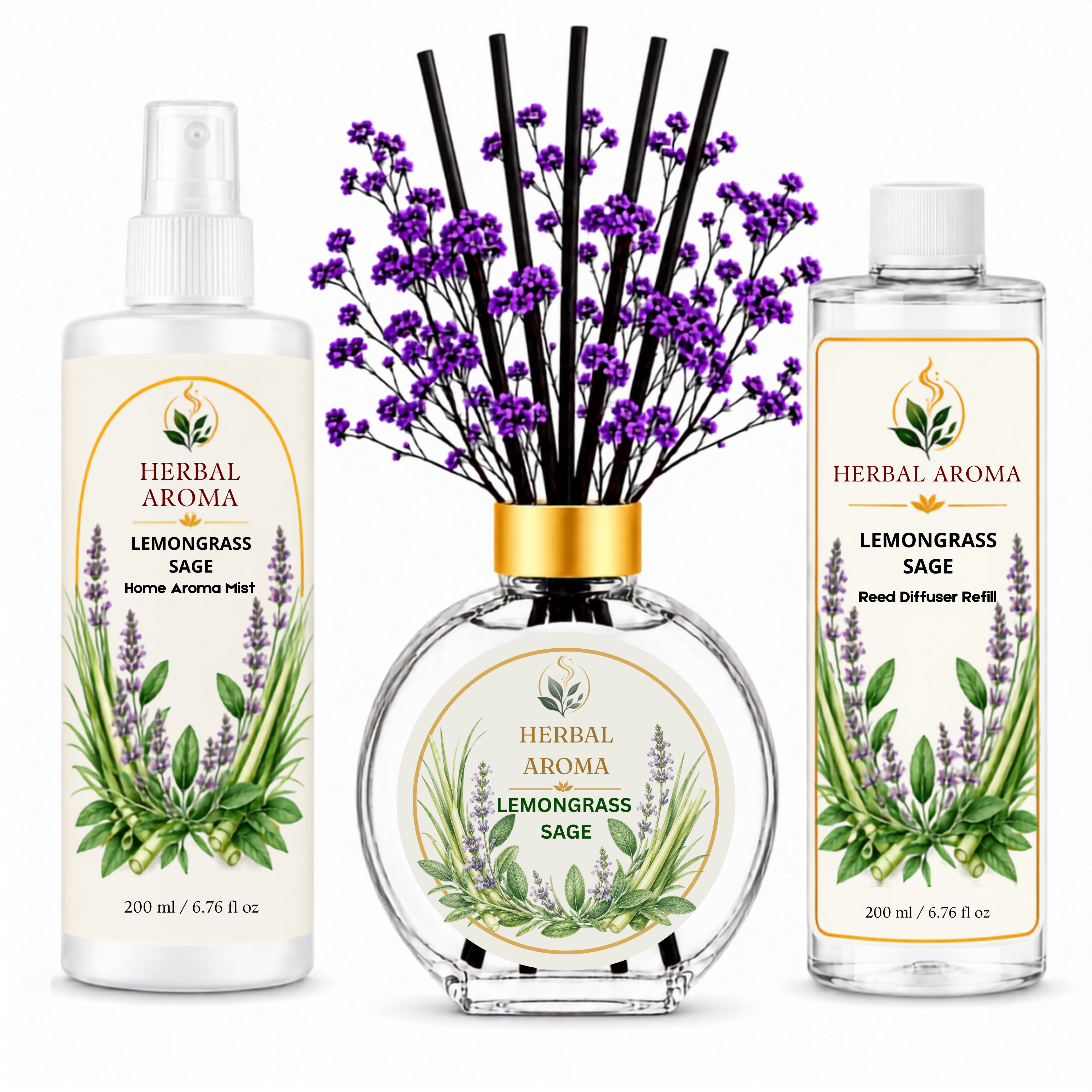 Herbal Aroma Lemongrass & Sage Home Fragrance Set, 3-Piece Reed Diffuser with 200 mL Refill and 200 mL Room Spray, 100 mL Diffuser