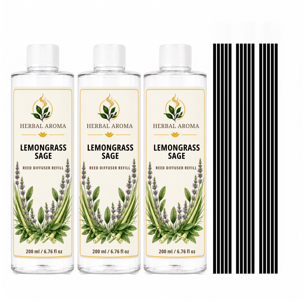 Herbal Aroma Lemongrass & Sage Reed Diffuser Refill Set, 3 Pack, 200 mL Each, 600 mL Total, Includes Black Reeds, Home Fragrance Refill