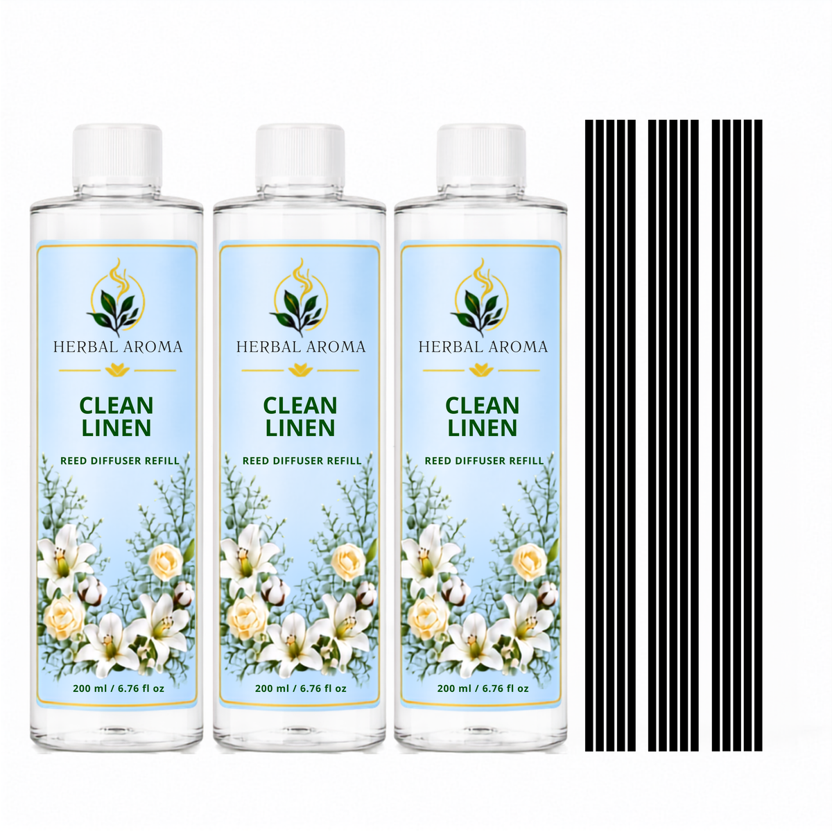 Herbal Aroma Clean Linen Reed Diffuser Refill Set, 3 Pack, 200 mL Each, 600 mL Total, Includes Black Reeds, Home Fragrance Refill
