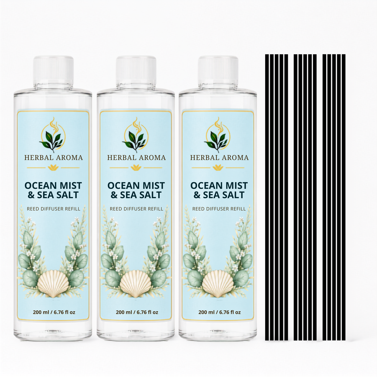 Herbal Aroma Ocean Mist & Sea Salt Reed Diffuser Refill Set, 3 Pack, 200 mL Each, 600 mL Total, Includes Black Reeds, Home Fragrance Refill