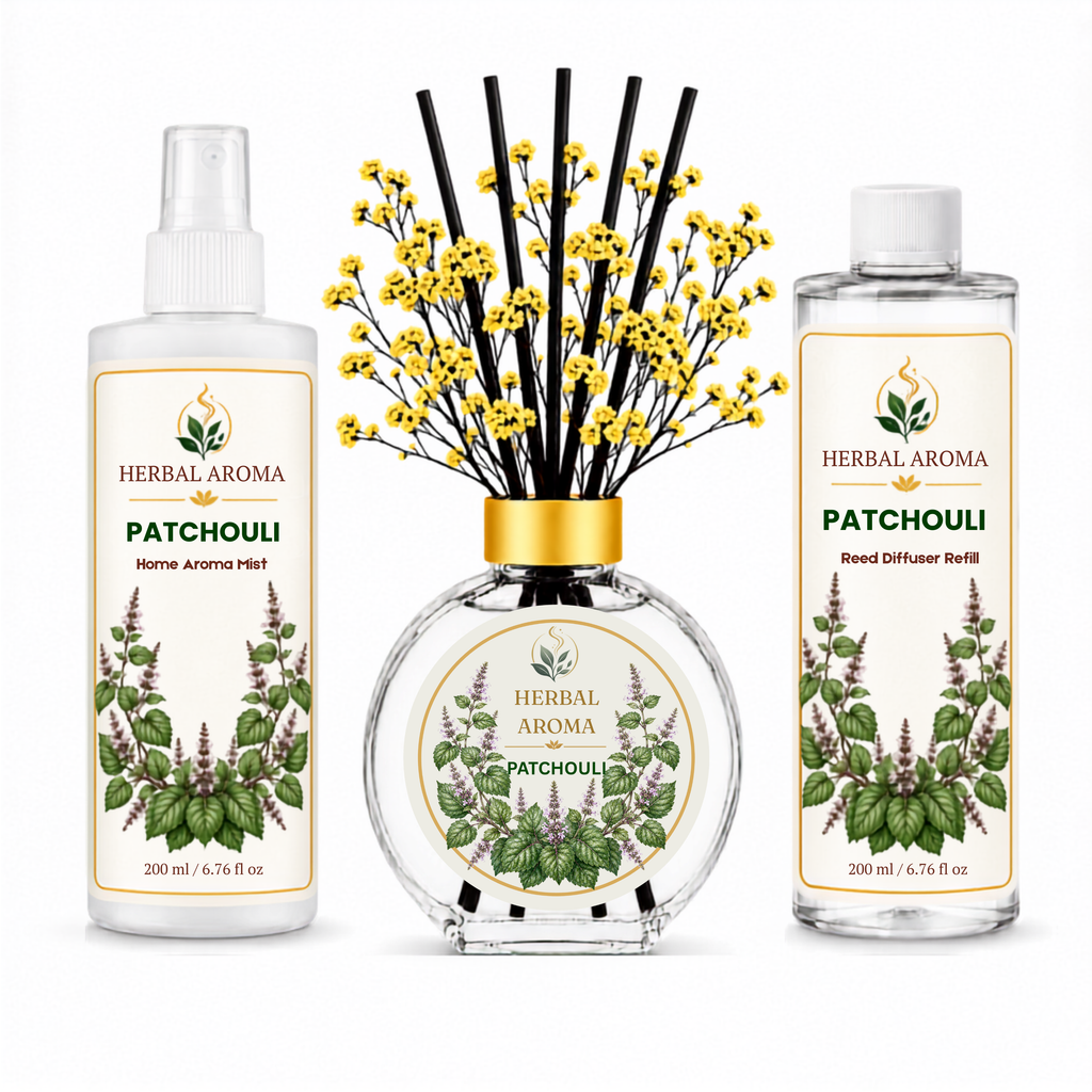 Herbal Aroma Patchouli Home Fragrance Set, 3-Piece Reed Diffuser with 200 mL Refill and 200 mL Room Spray, 100 mL Diffuser