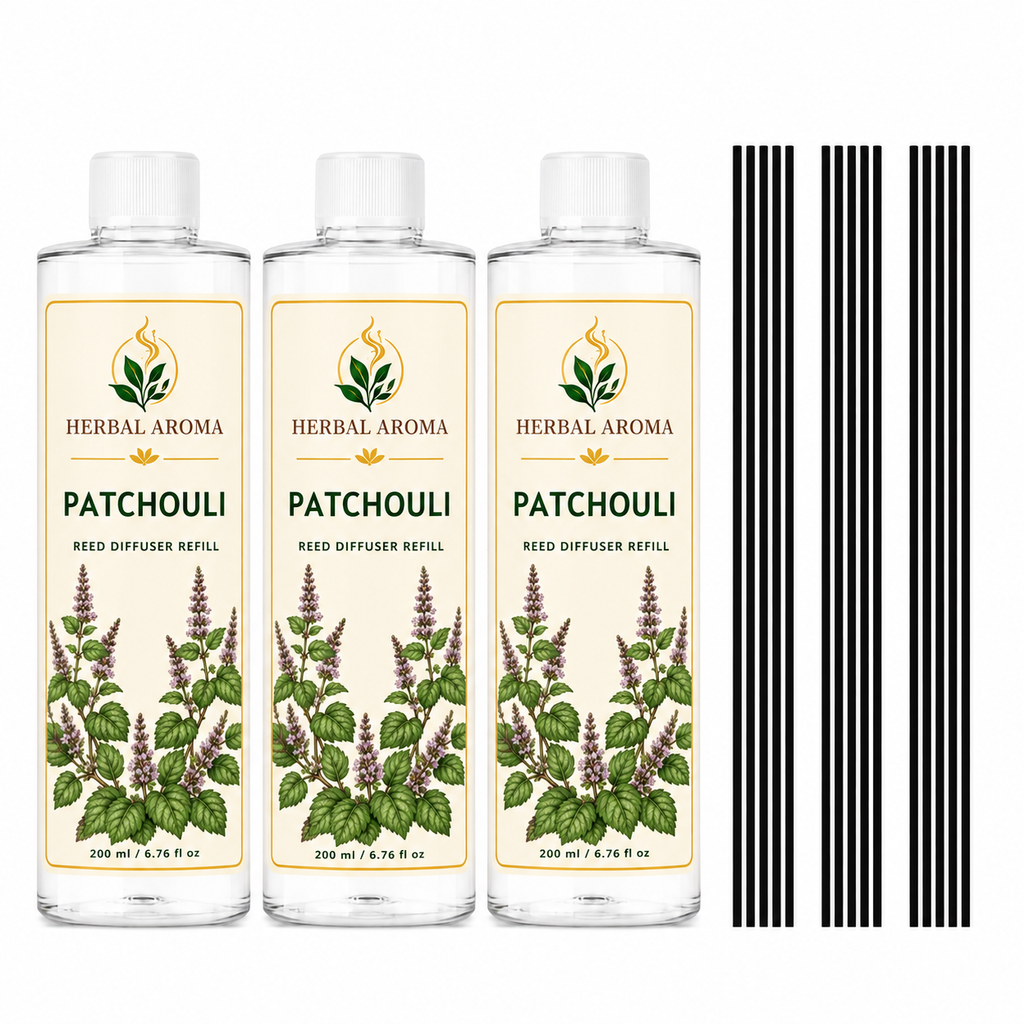 Herbal Aroma Patchouli Reed Diffuser Refill Set, 3 Pack, 200 mL Each, 600 mL Total, Includes Black Reeds, Home Fragrance Refill