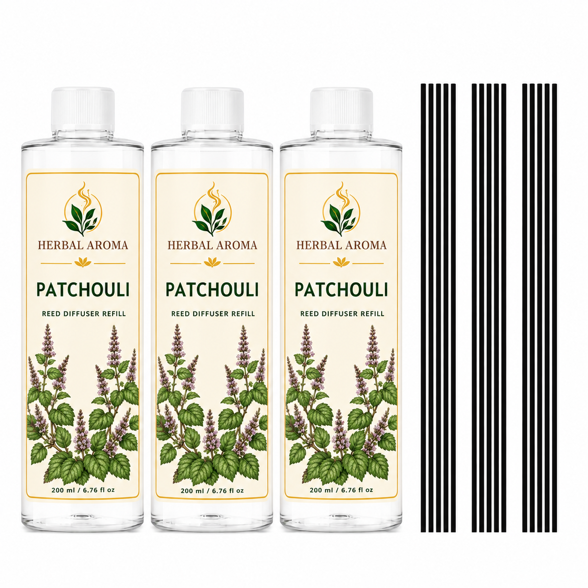 Herbal Aroma Patchouli Reed Diffuser Refill Set, 3 Pack, 200 mL Each, 600 mL Total, Includes Black Reeds, Home Fragrance Refill