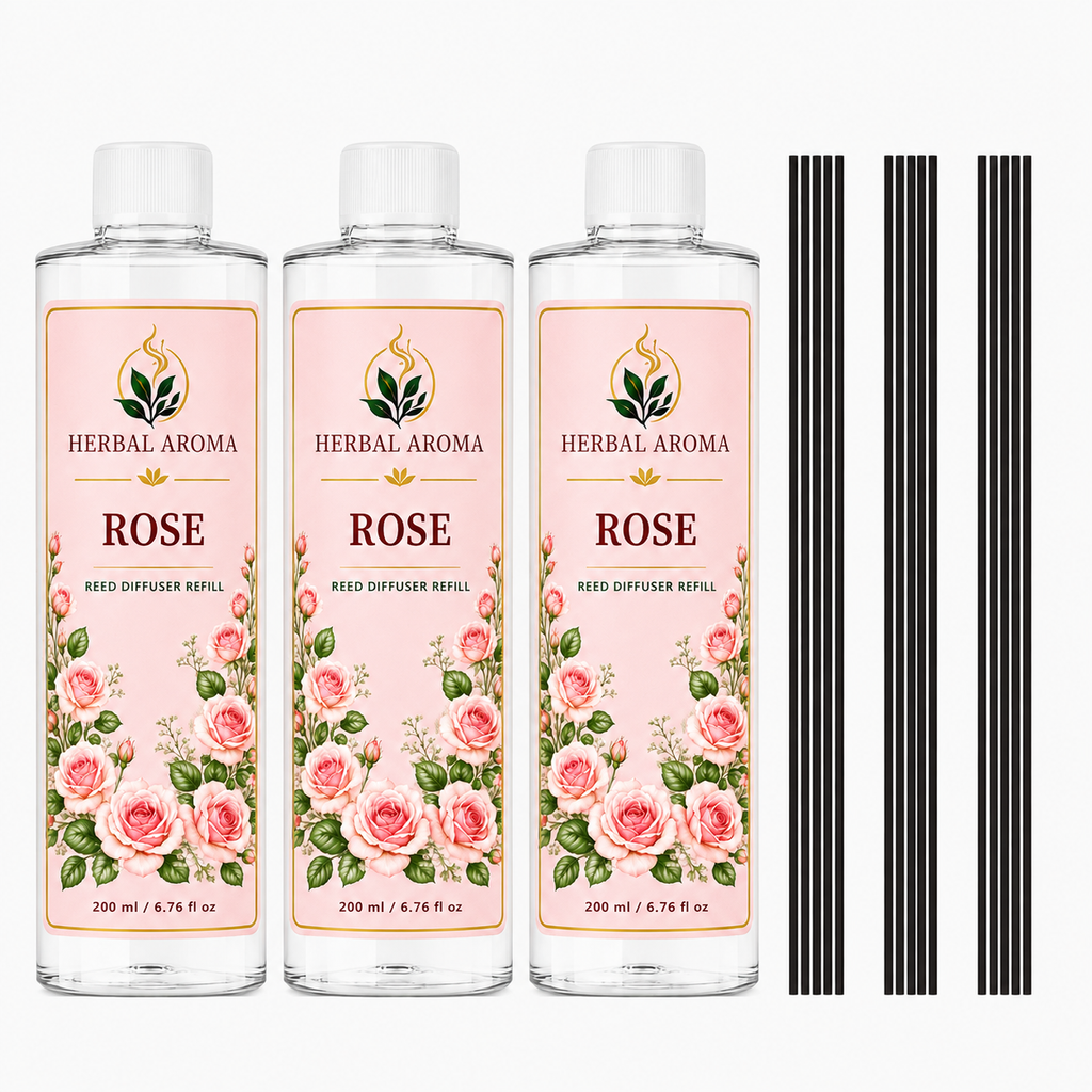 Herbal Aroma Rose Reed Diffuser Refill Set, 3 Pack, 200 mL Each, 600 mL Total, Includes Black Reeds, Home Fragrance Refill