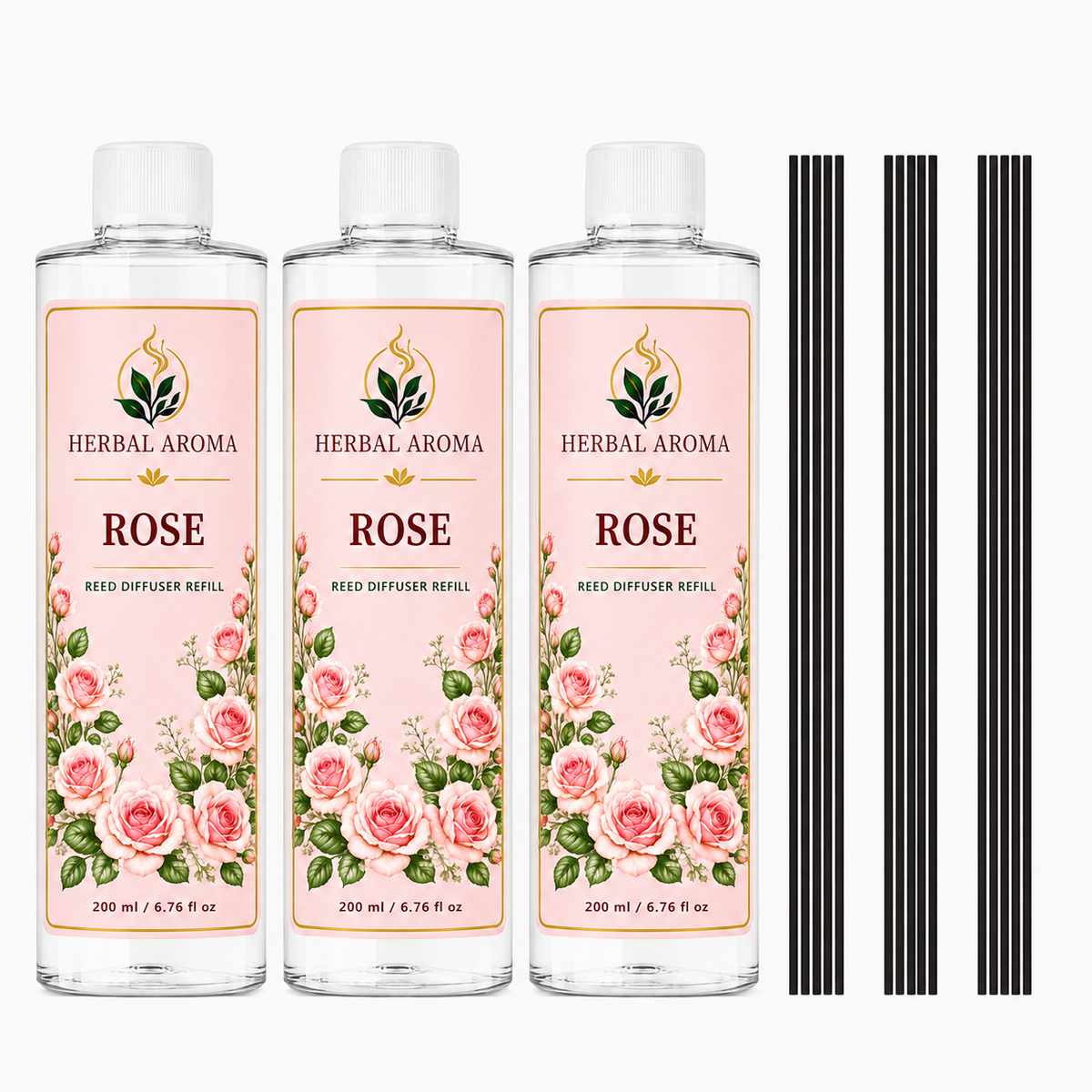 Herbal Aroma Rose Reed Diffuser Refill Set, 3 Pack, 200 mL Each, 600 mL Total, Includes Black Reeds, Home Fragrance Refill