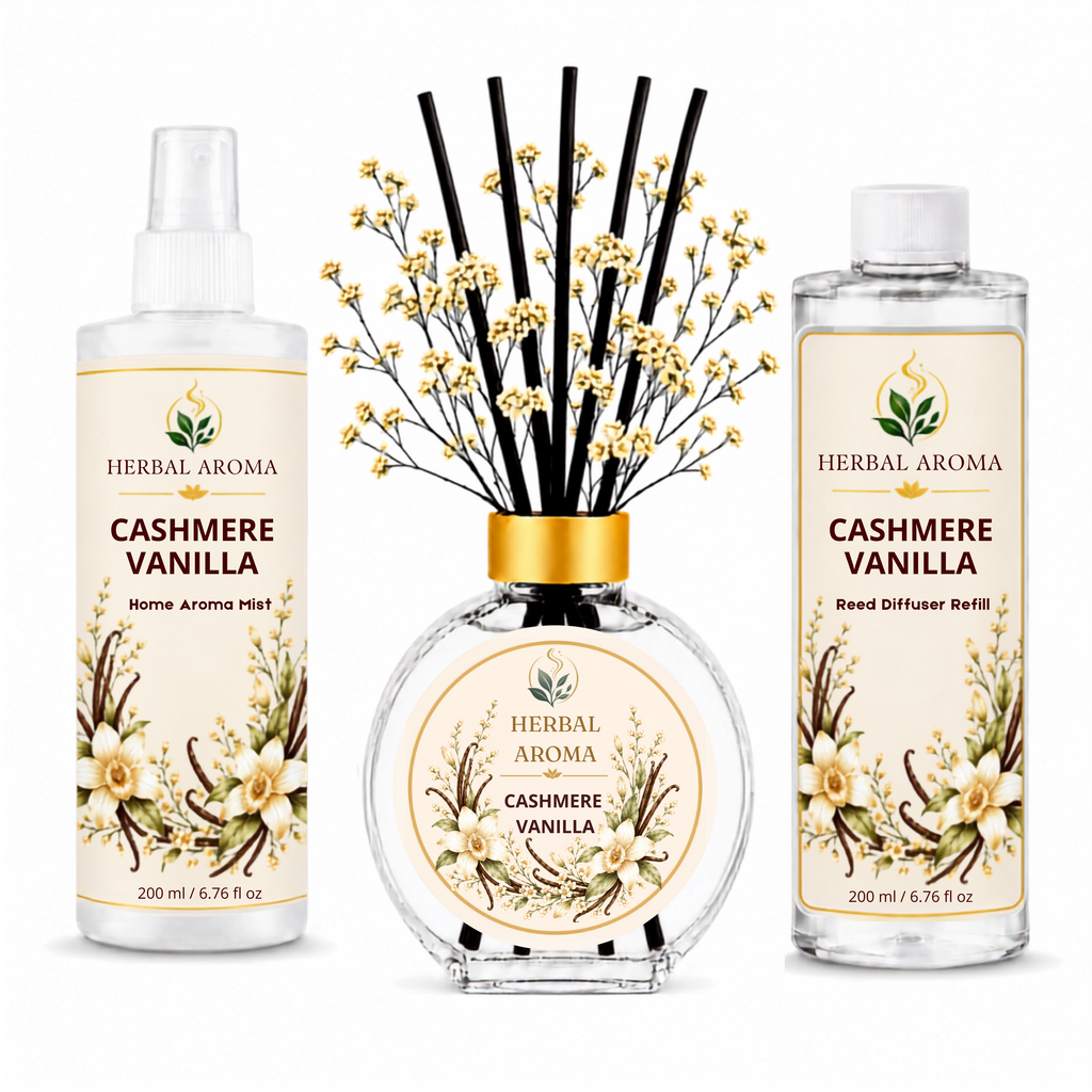 Herbal Aroma Cashmere Vanilla Home Fragrance Set, 3-Piece Reed Diffuser with 200 mL Refill and 200 mL Room Spray, 100 mL Diffuser
