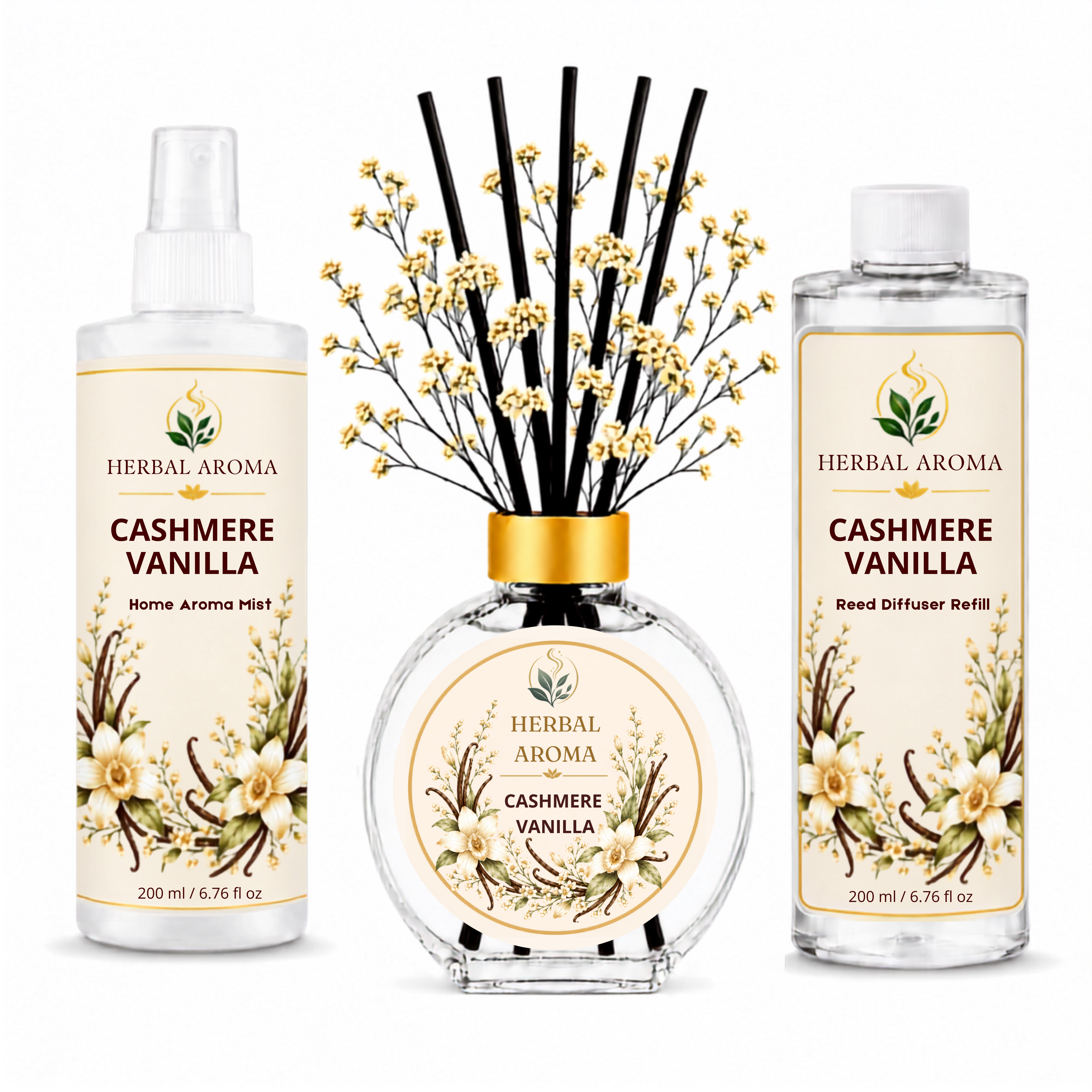 Herbal Aroma Cashmere Vanilla Home Fragrance Set, 3-Piece Reed Diffuser with 200 mL Refill and 200 mL Room Spray, 100 mL Diffuser