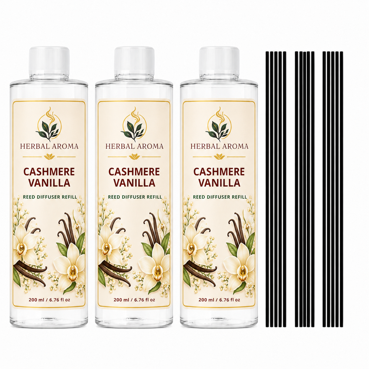 Herbal Aroma Cashmere Vanilla Reed Diffuser Refill Set, 3 Pack, 200 mL Each, 600 mL Total, Includes Black Reeds, Home Fragrance Refill